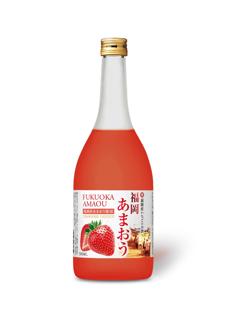 Fukuoka Amaou strawberry liqueur in a clear bottle with a vibrant red liquid and strawberry image on the label