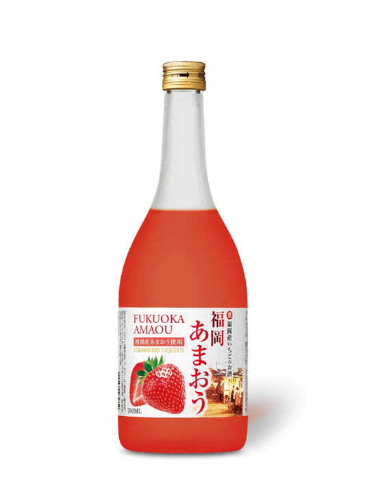 Fukuoka Amaou strawberry liqueur in a clear bottle with a vibrant red liquid and strawberry image on the label